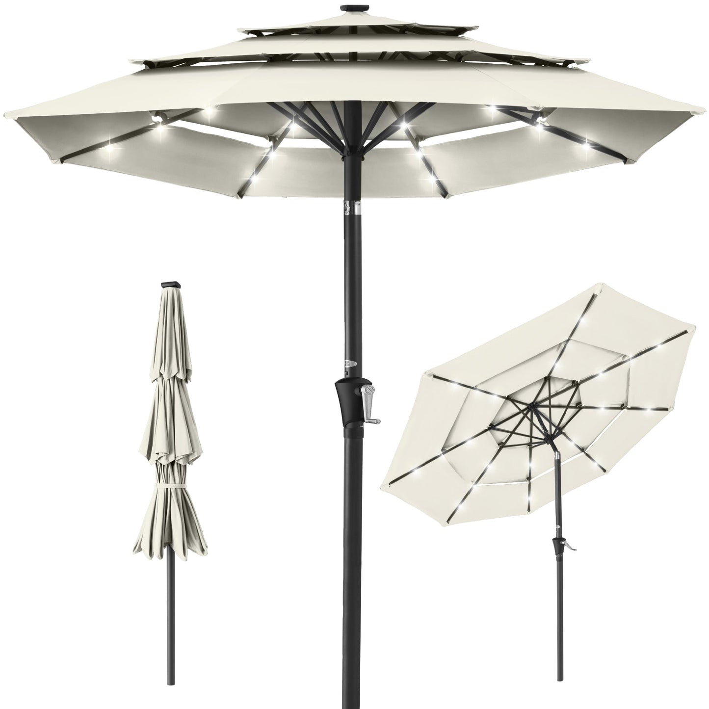 3-Tier Solar Patio Umbrella w/ LED Lights Tilt Adjustment Crank - 10ft