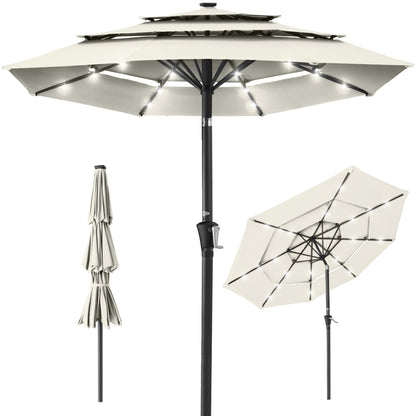 3-Tier Solar Patio Umbrella w/ LED Lights Tilt Adjustment Crank - 10ft