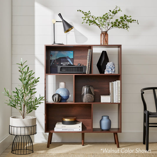 3-Tier Mid-Century Modern Wooden Bookcase w/ 3 Back Panels Offset Legs