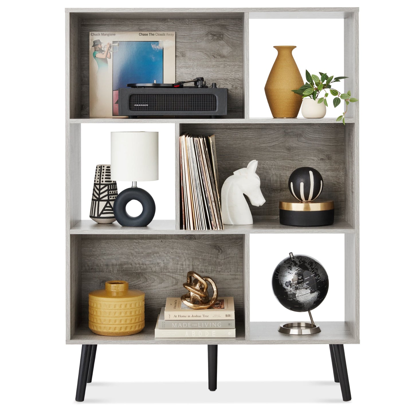 3-Tier Mid-Century Modern Wooden Bookcase w/ 3 Back Panels Offset Legs