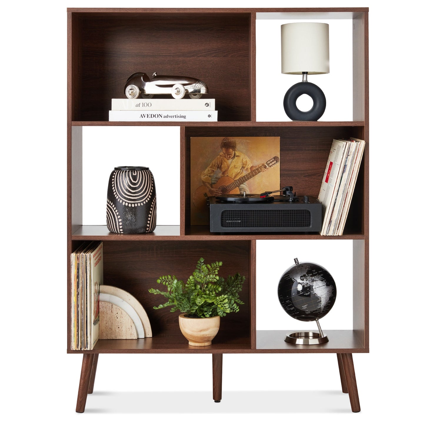 3-Tier Mid-Century Modern Wooden Bookcase w/ 3 Back Panels Offset Legs
