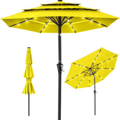 3-Tier Solar Patio Umbrella w/ LED Lights Tilt Adjustment Crank - 10ft