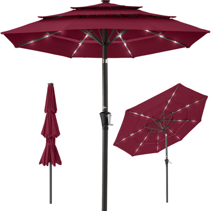 3-Tier Solar Patio Umbrella w/ LED Lights Tilt Adjustment Crank - 10ft