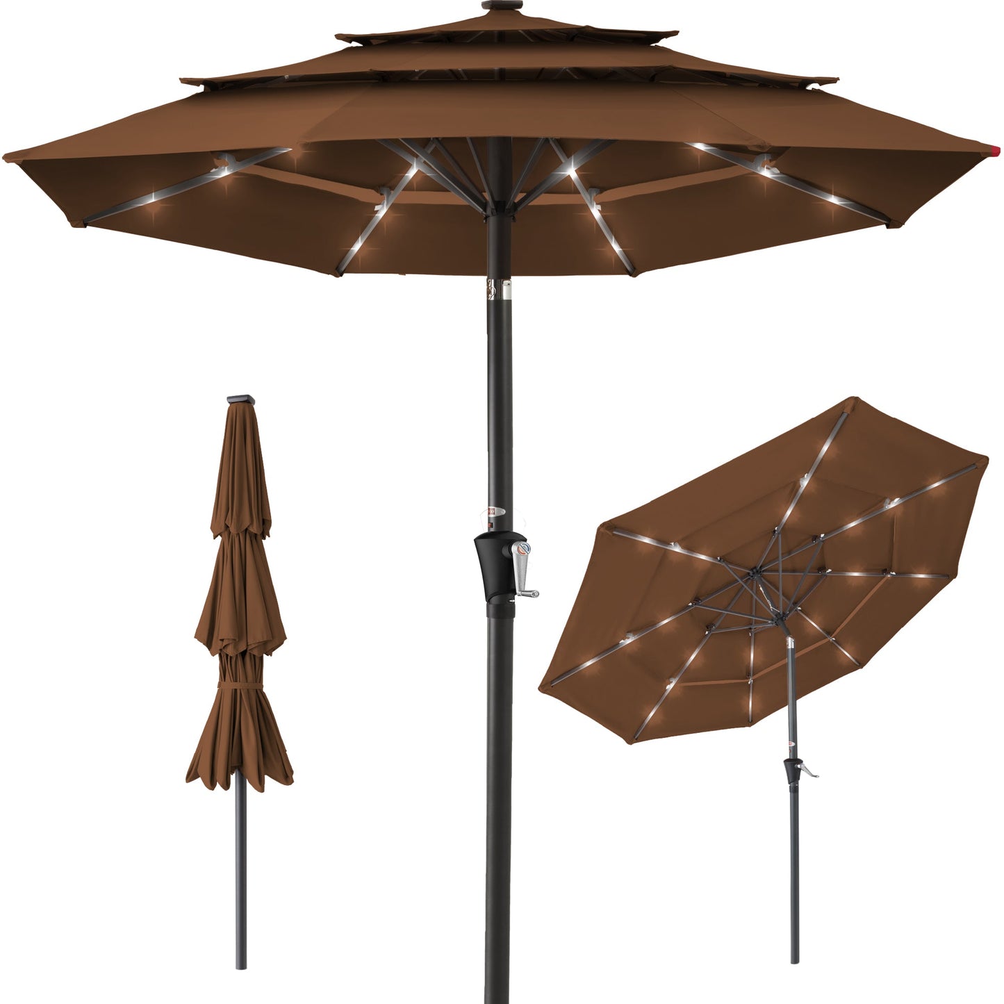 3-Tier Solar Patio Umbrella w/ LED Lights Tilt Adjustment Crank - 10ft