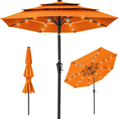 3-Tier Solar Patio Umbrella w/ LED Lights Tilt Adjustment Crank - 10ft