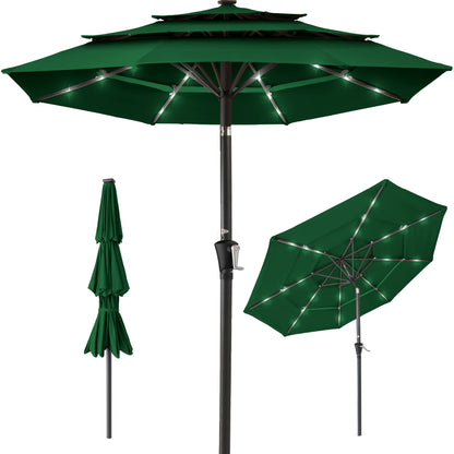 3-Tier Solar Patio Umbrella w/ LED Lights Tilt Adjustment Crank - 10ft