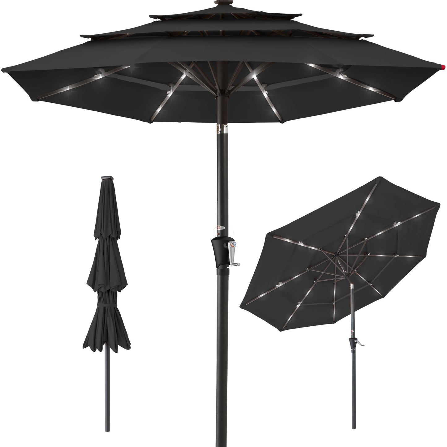3-Tier Solar Patio Umbrella w/ LED Lights Tilt Adjustment Crank - 10ft