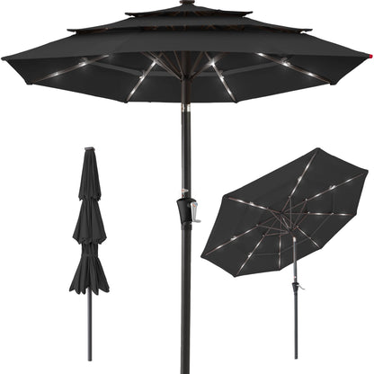 3-Tier Solar Patio Umbrella w/ LED Lights Tilt Adjustment Crank - 10ft