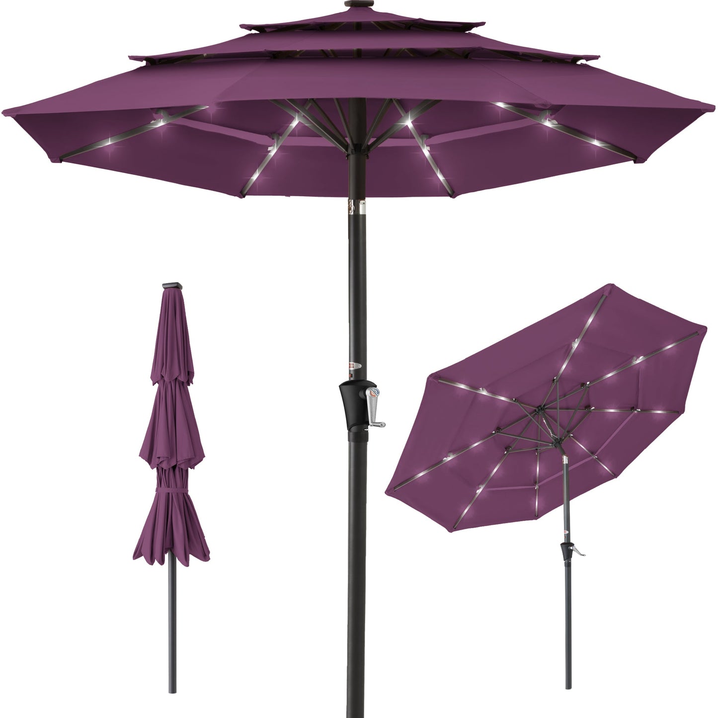 3-Tier Solar Patio Umbrella w/ LED Lights Tilt Adjustment Crank - 10ft