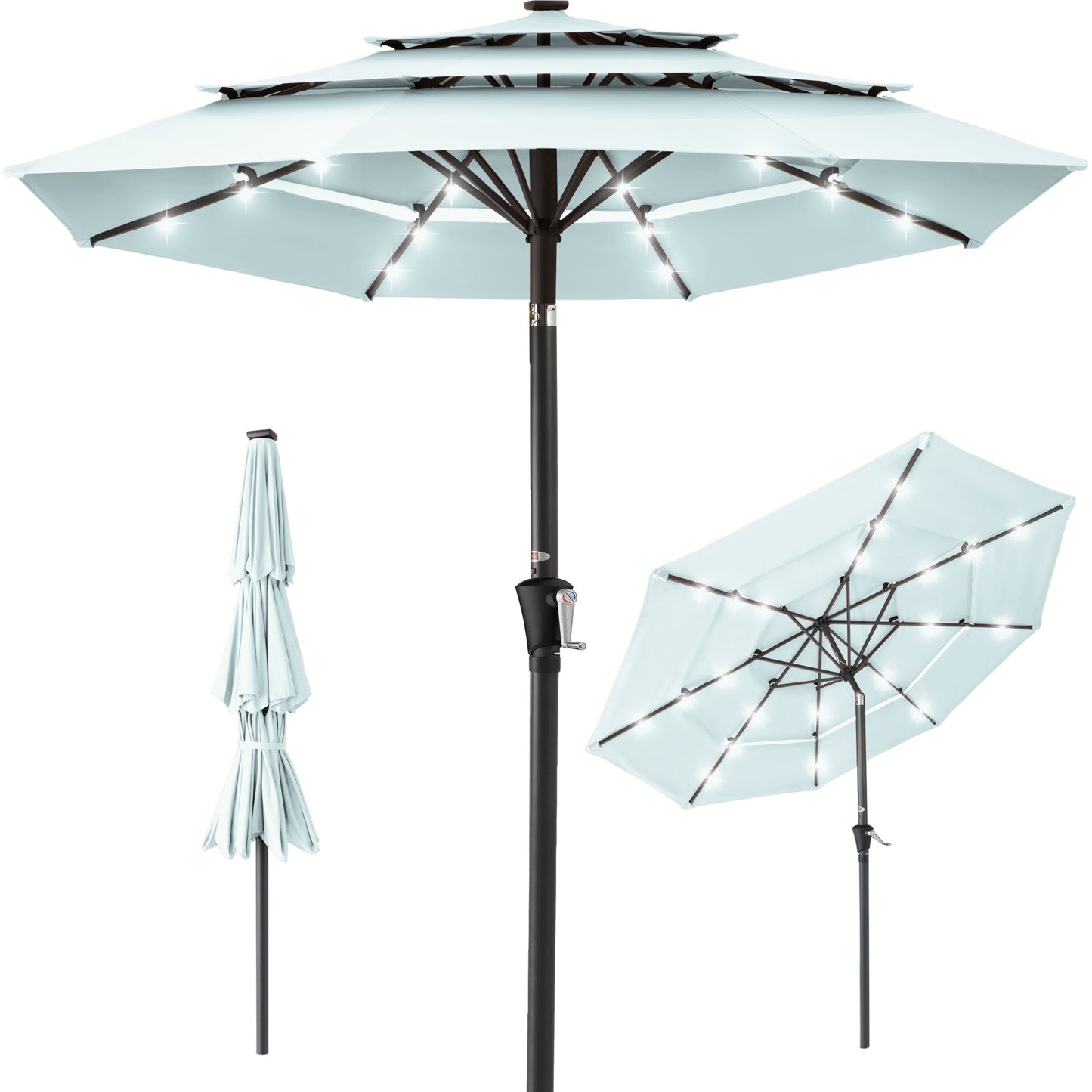 3-Tier Solar Patio Umbrella w/ LED Lights Tilt Adjustment Crank - 10ft
