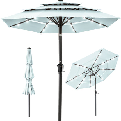 3-Tier Solar Patio Umbrella w/ LED Lights Tilt Adjustment Crank - 10ft