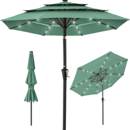 3-Tier Solar Patio Umbrella w/ LED Lights Tilt Adjustment Crank - 10ft