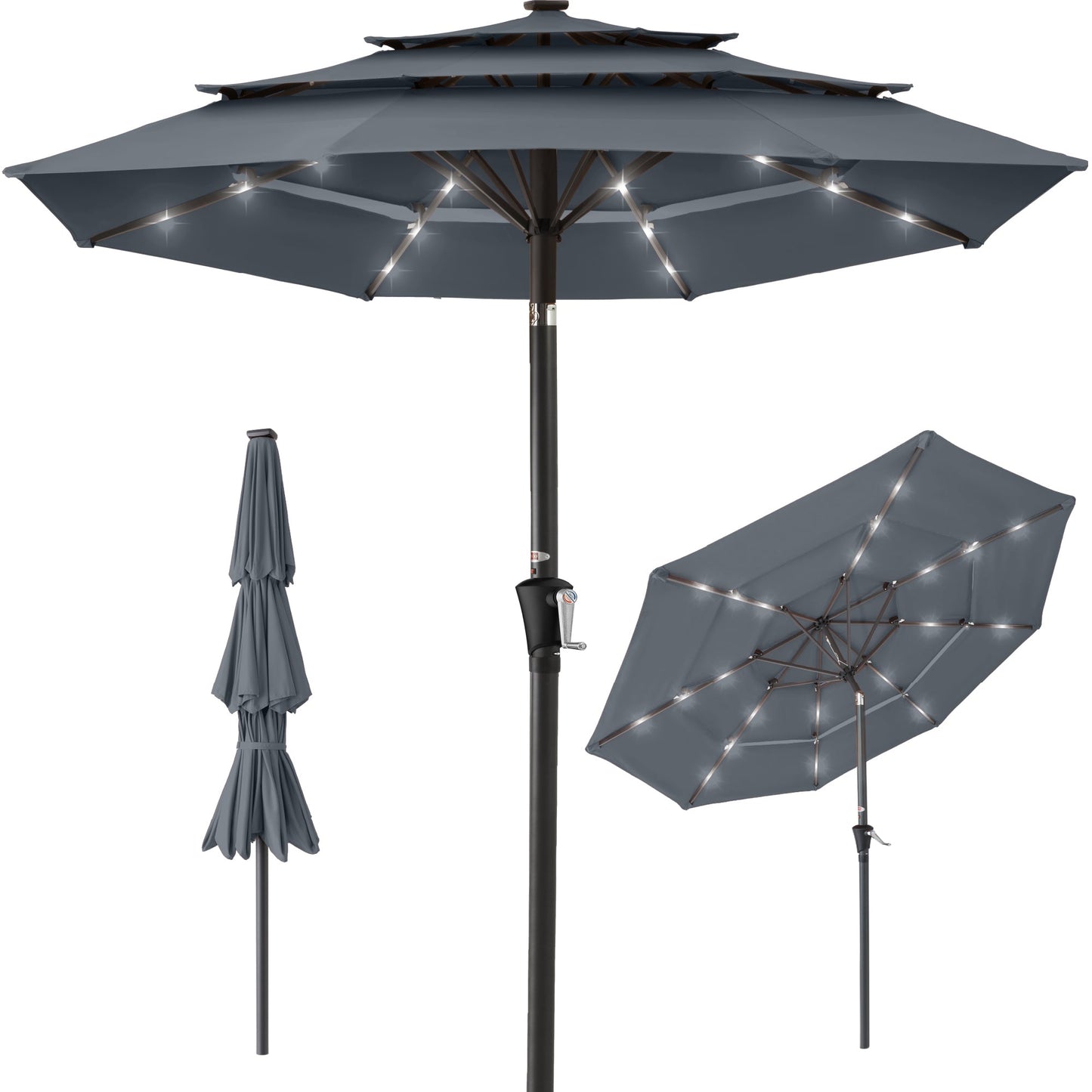 3-Tier Solar Patio Umbrella w/ LED Lights Tilt Adjustment Crank - 10ft