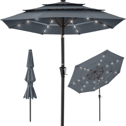 3-Tier Solar Patio Umbrella w/ LED Lights Tilt Adjustment Crank - 10ft