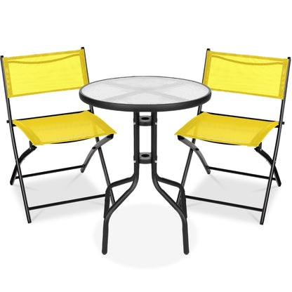 3-Piece Bistro Set w/ Glass Table 2 Foldable Chairs
