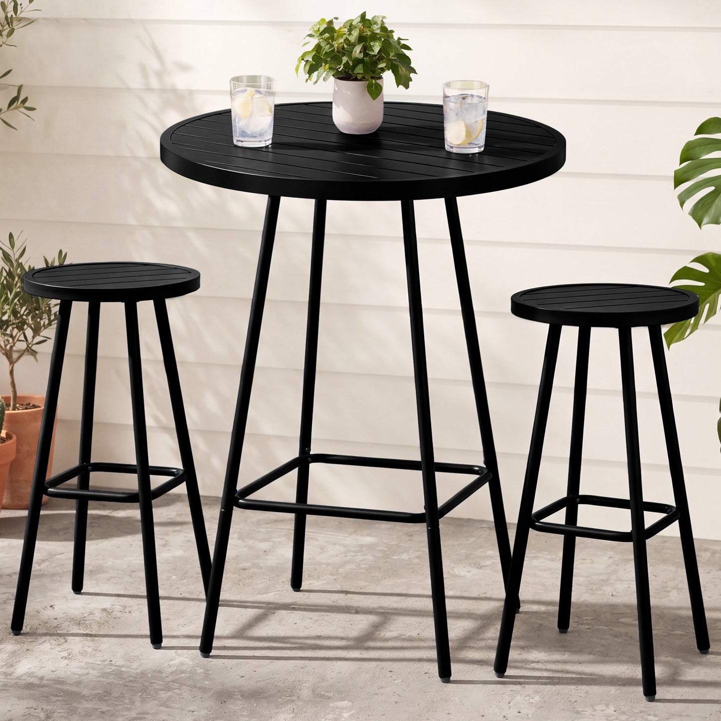 3-Piece Patio Bar Height Bistro Set w/ Backless Stools Slatted Design
