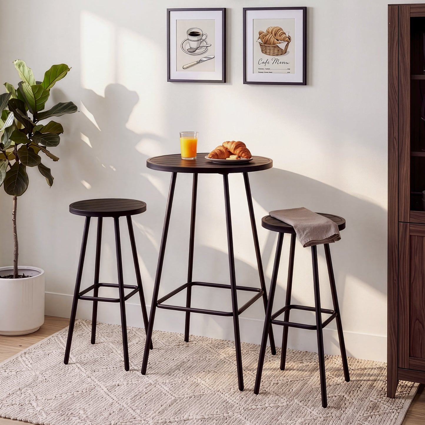 3-Piece Patio Bar Height Bistro Set w/ Backless Stools Slatted Design