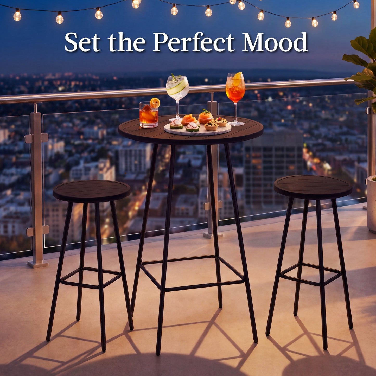 3-Piece Patio Bar Height Bistro Set w/ Backless Stools Slatted Design