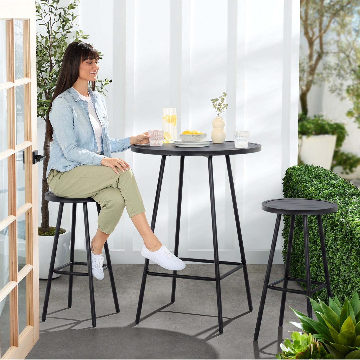 3-Piece Patio Bar Height Bistro Set w/ Backless Stools Slatted Design