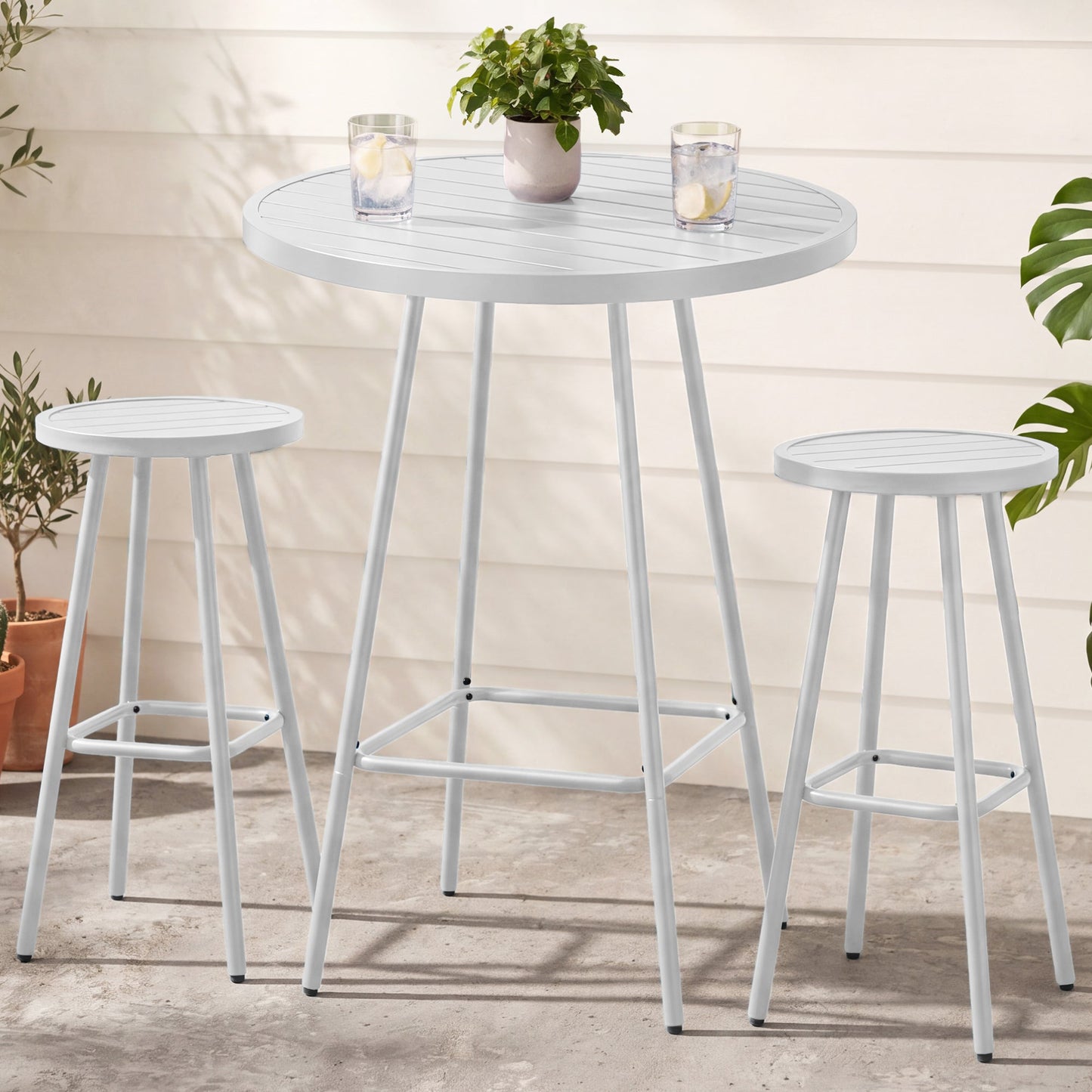 3-Piece Patio Bar Height Bistro Set w/ Backless Stools Slatted Design