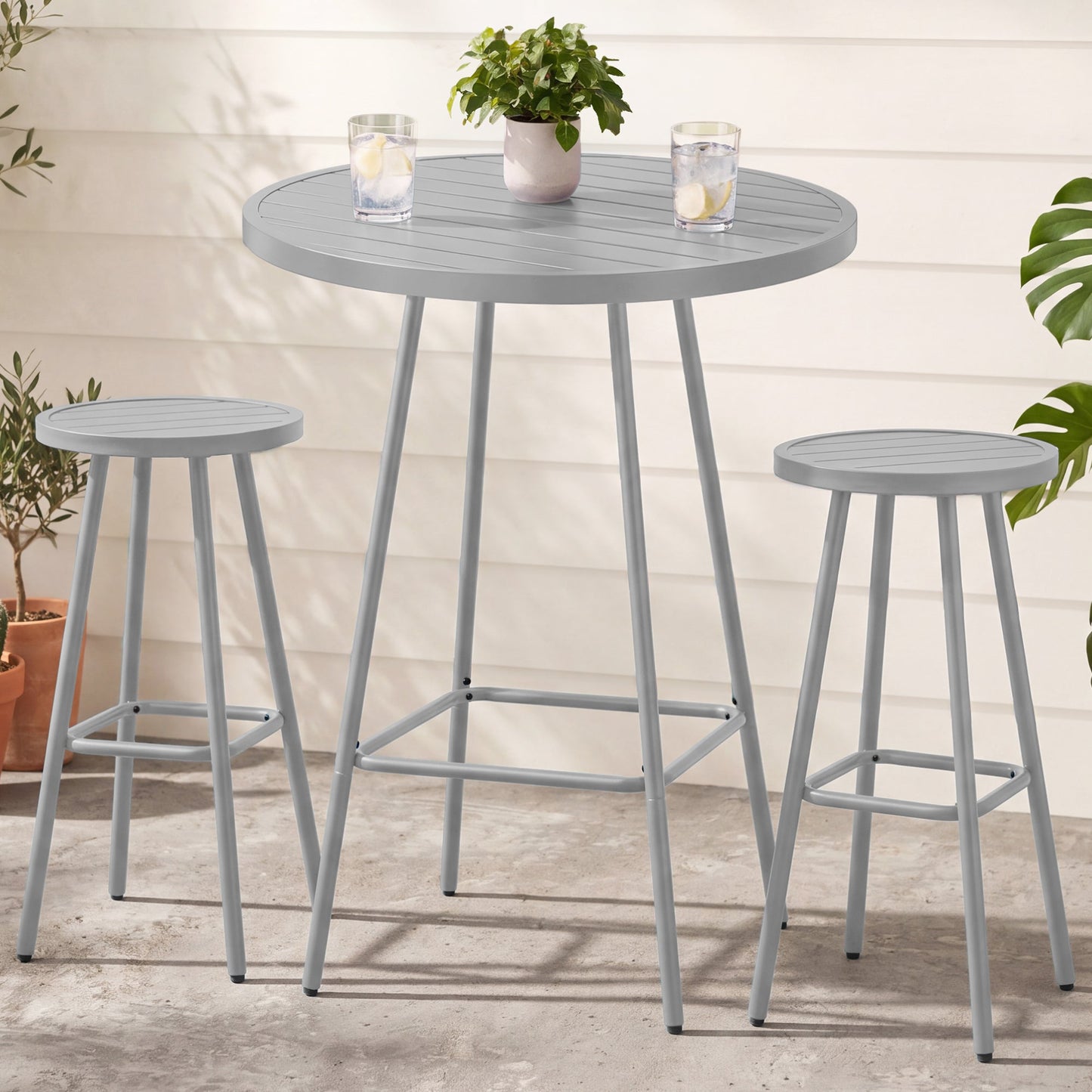 3-Piece Patio Bar Height Bistro Set w/ Backless Stools Slatted Design