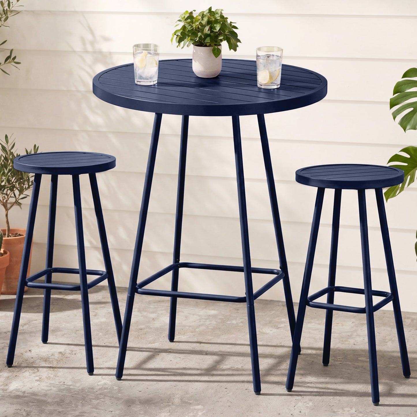 3-Piece Patio Bar Height Bistro Set w/ Backless Stools Slatted Design