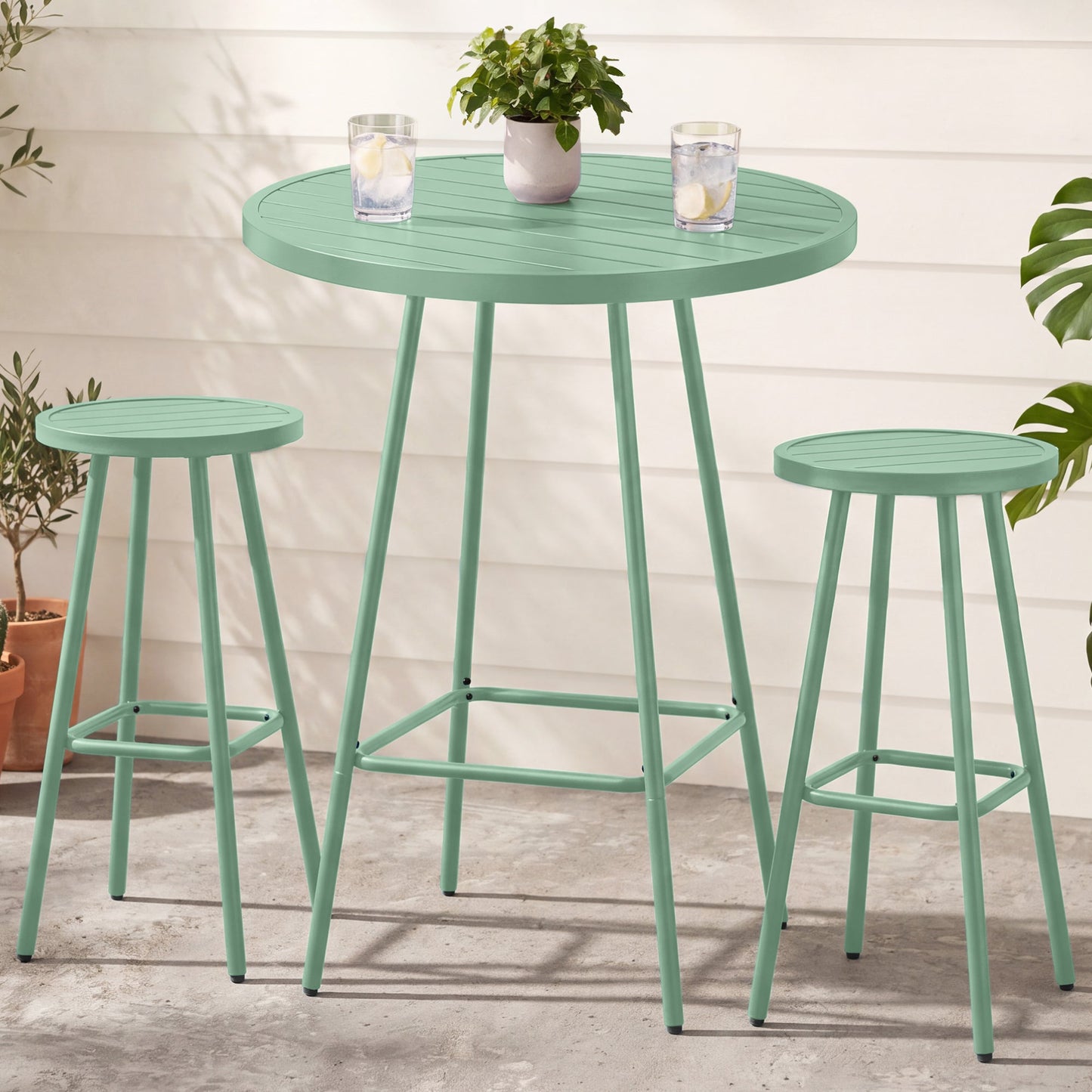 3-Piece Patio Bar Height Bistro Set w/ Backless Stools Slatted Design