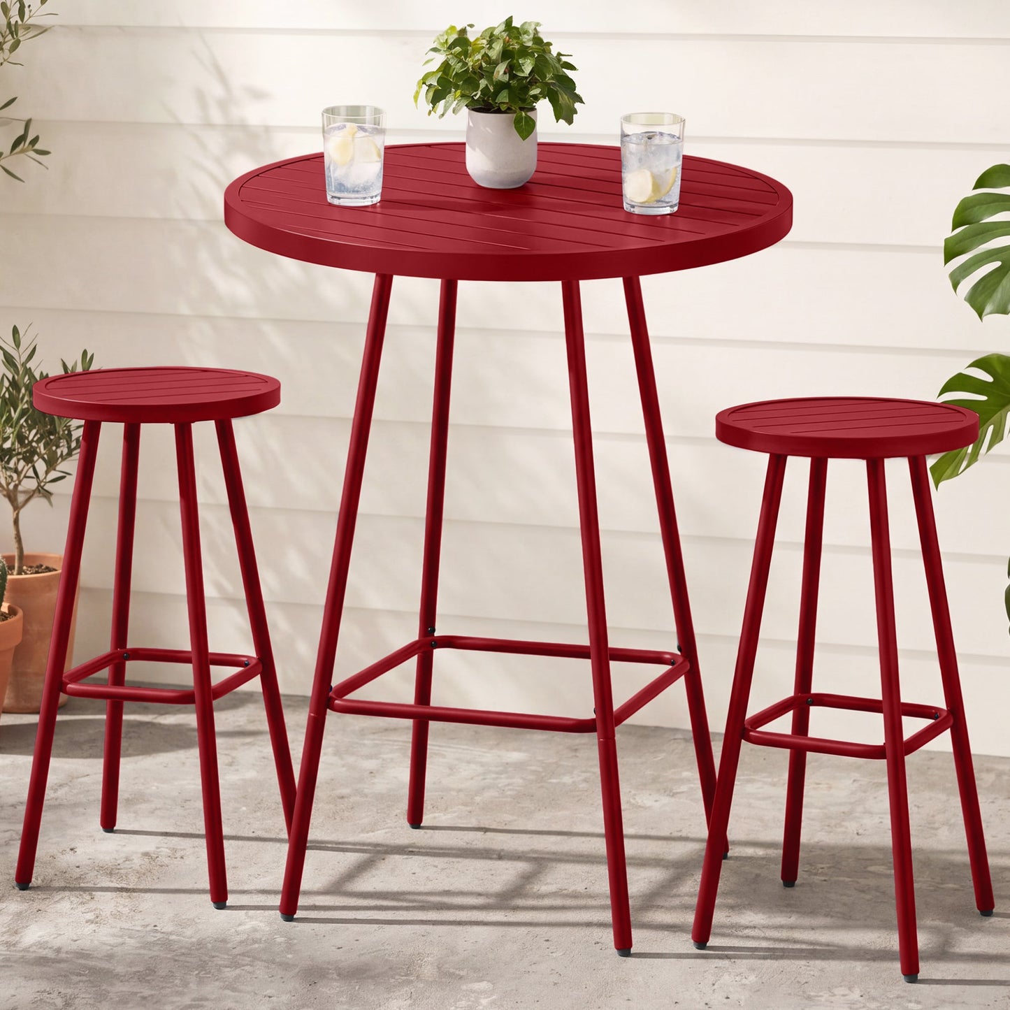 3-Piece Patio Bar Height Bistro Set w/ Backless Stools Slatted Design