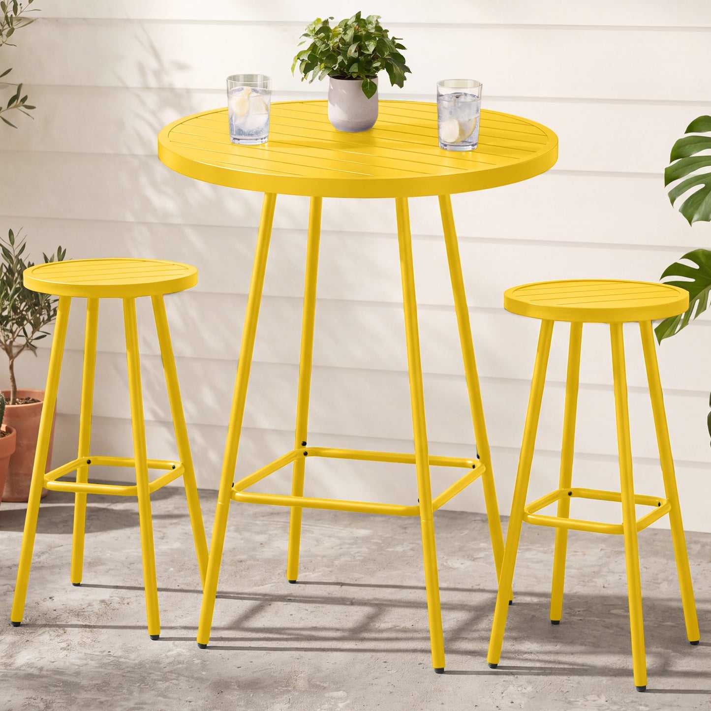 3-Piece Patio Bar Height Bistro Set w/ Backless Stools Slatted Design