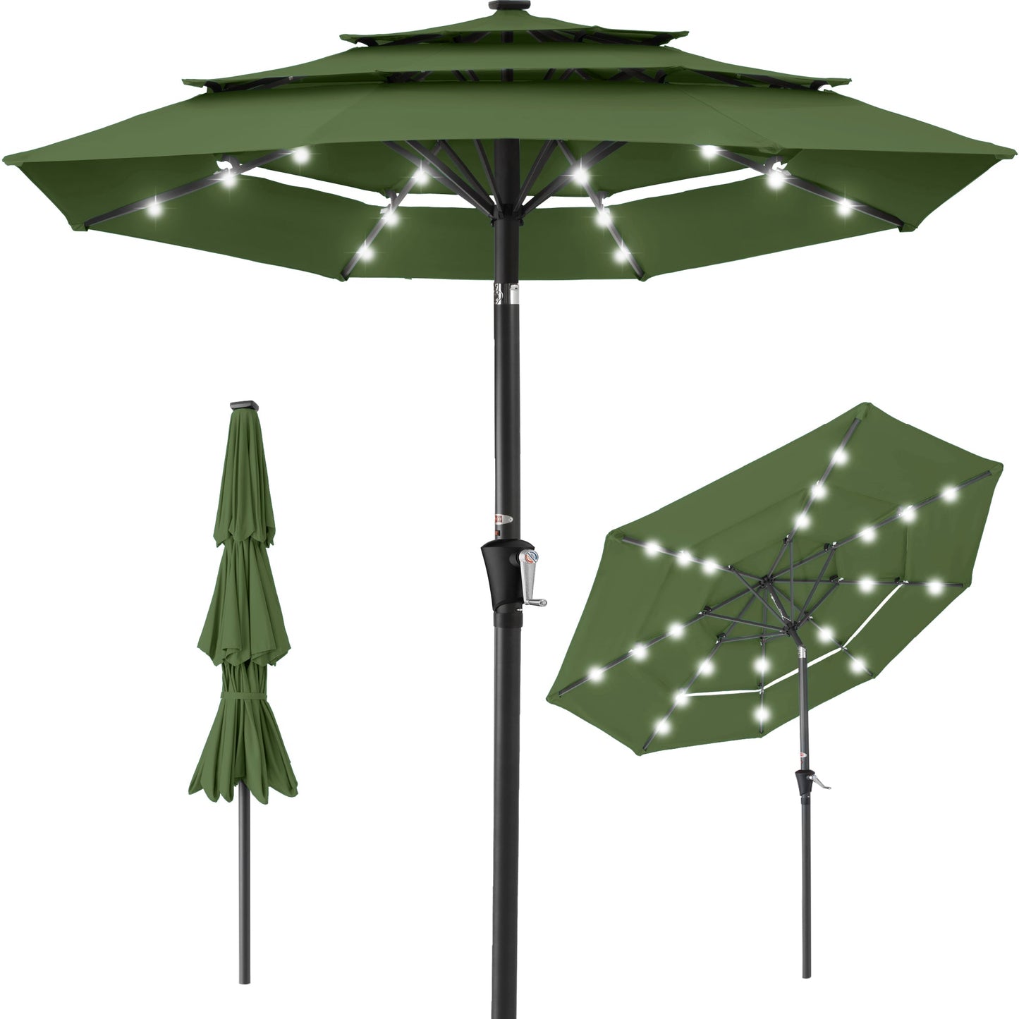 3-Tier Solar Patio Umbrella w/ LED Lights Tilt Adjustment Crank - 10ft