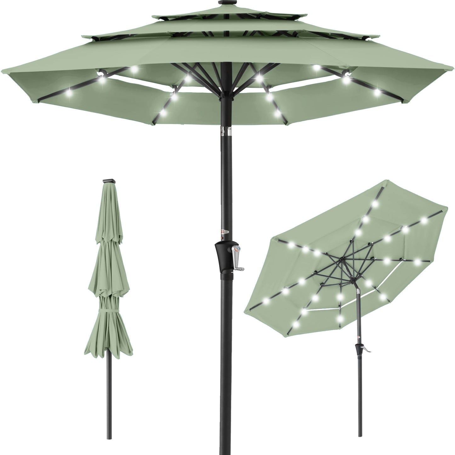 3-Tier Solar Patio Umbrella w/ LED Lights Tilt Adjustment Crank - 10ft