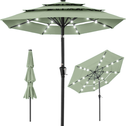 3-Tier Solar Patio Umbrella w/ LED Lights Tilt Adjustment Crank - 10ft