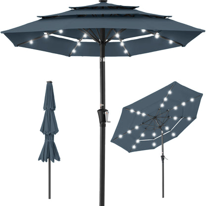3-Tier Solar Patio Umbrella w/ LED Lights Tilt Adjustment Crank - 10ft