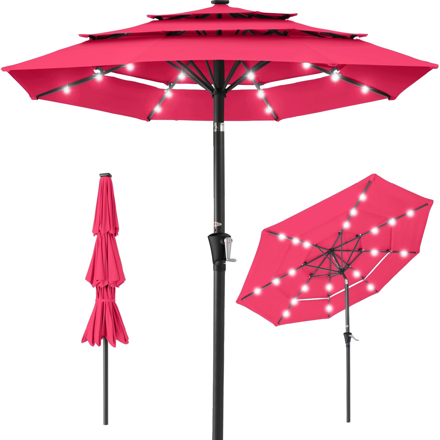 3-Tier Solar Patio Umbrella w/ LED Lights Tilt Adjustment Crank - 10ft
