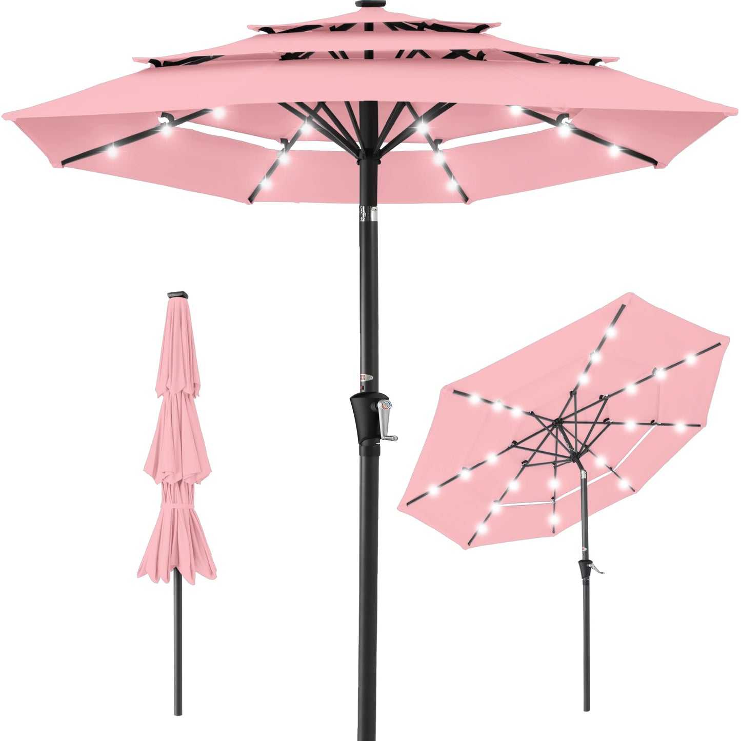 3-Tier Solar Patio Umbrella w/ LED Lights Tilt Adjustment Crank - 10ft