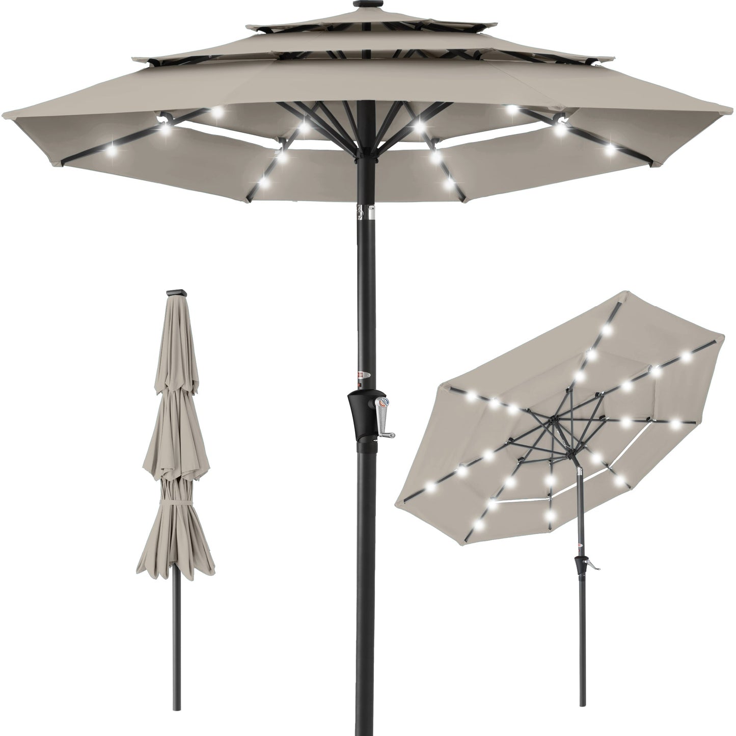 3-Tier Solar Patio Umbrella w/ LED Lights Tilt Adjustment Crank - 10ft