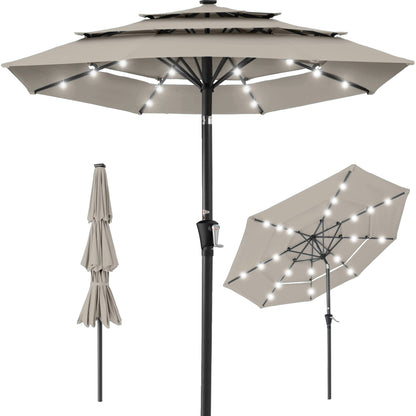 3-Tier Solar Patio Umbrella w/ LED Lights Tilt Adjustment Crank - 10ft