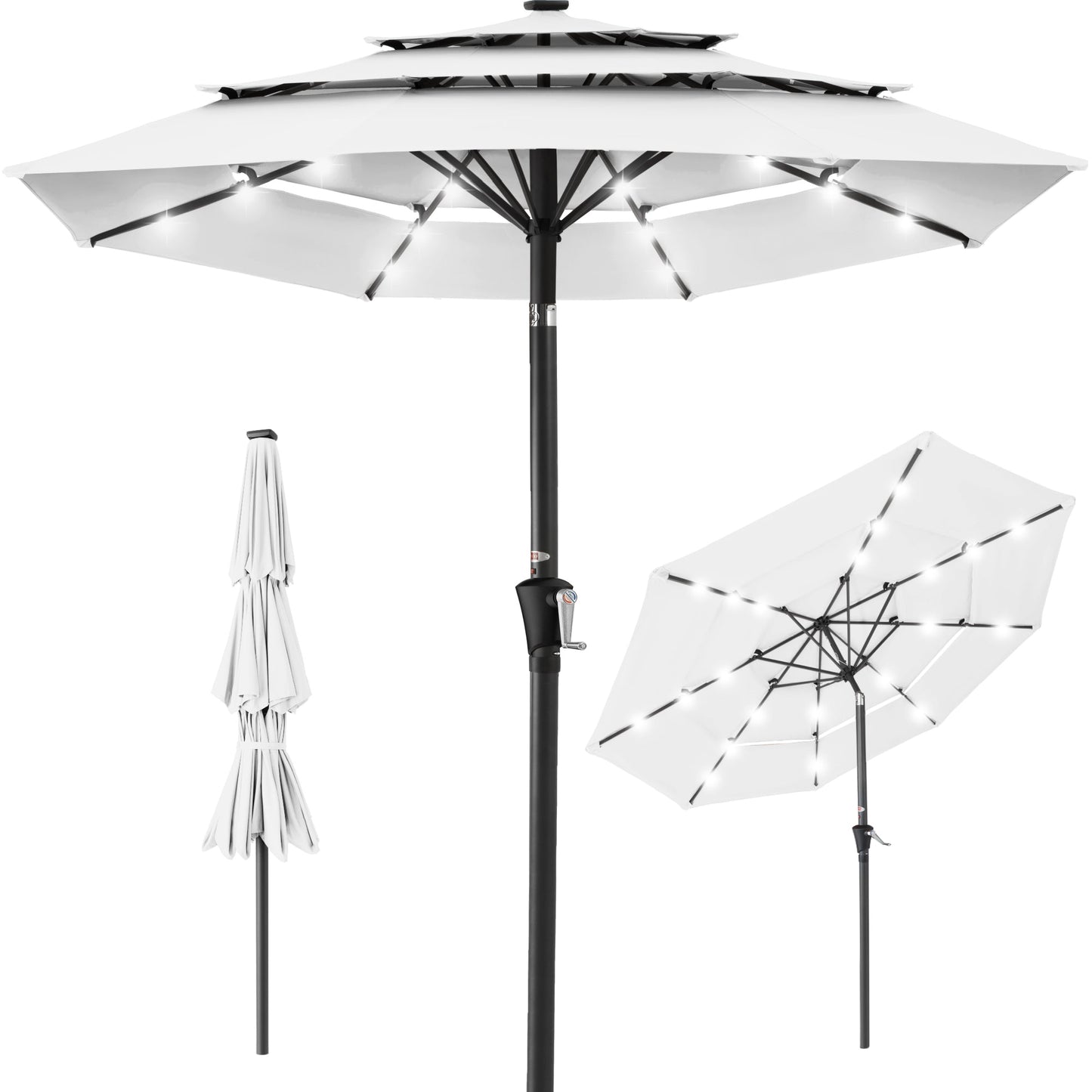 3-Tier Solar Patio Umbrella w/ LED Lights Tilt Adjustment Crank - 10ft