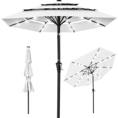 3-Tier Solar Patio Umbrella w/ LED Lights Tilt Adjustment Crank - 10ft